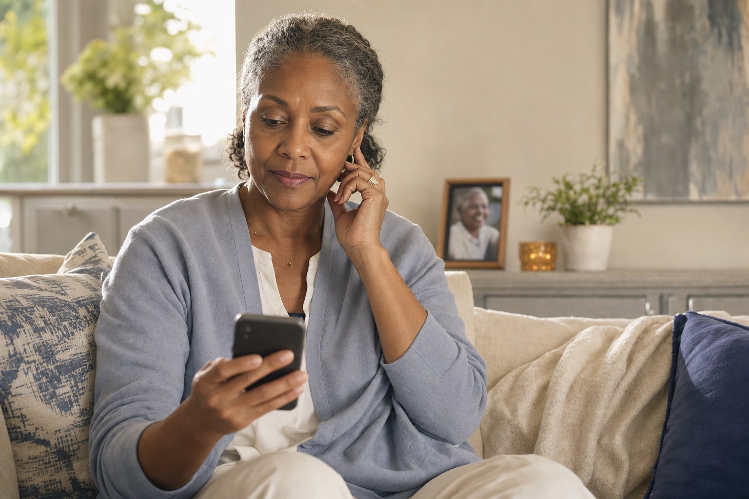 A woman at home reading a HaloSilver alert on her phone