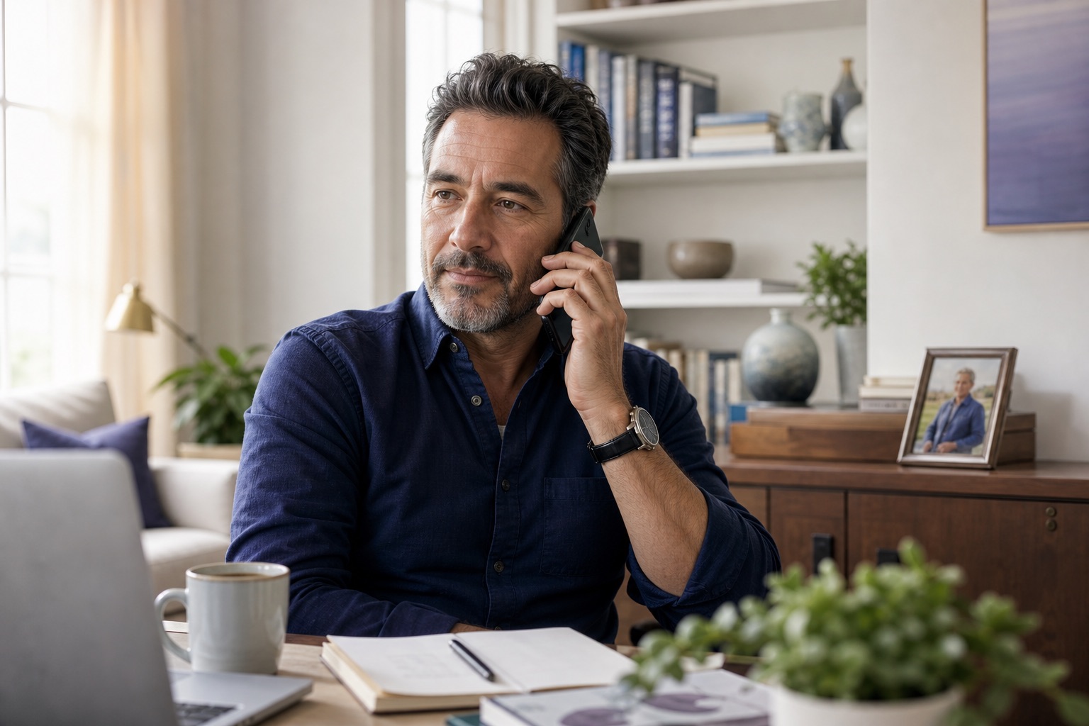 A man at his desk making a phone call after reading an alert