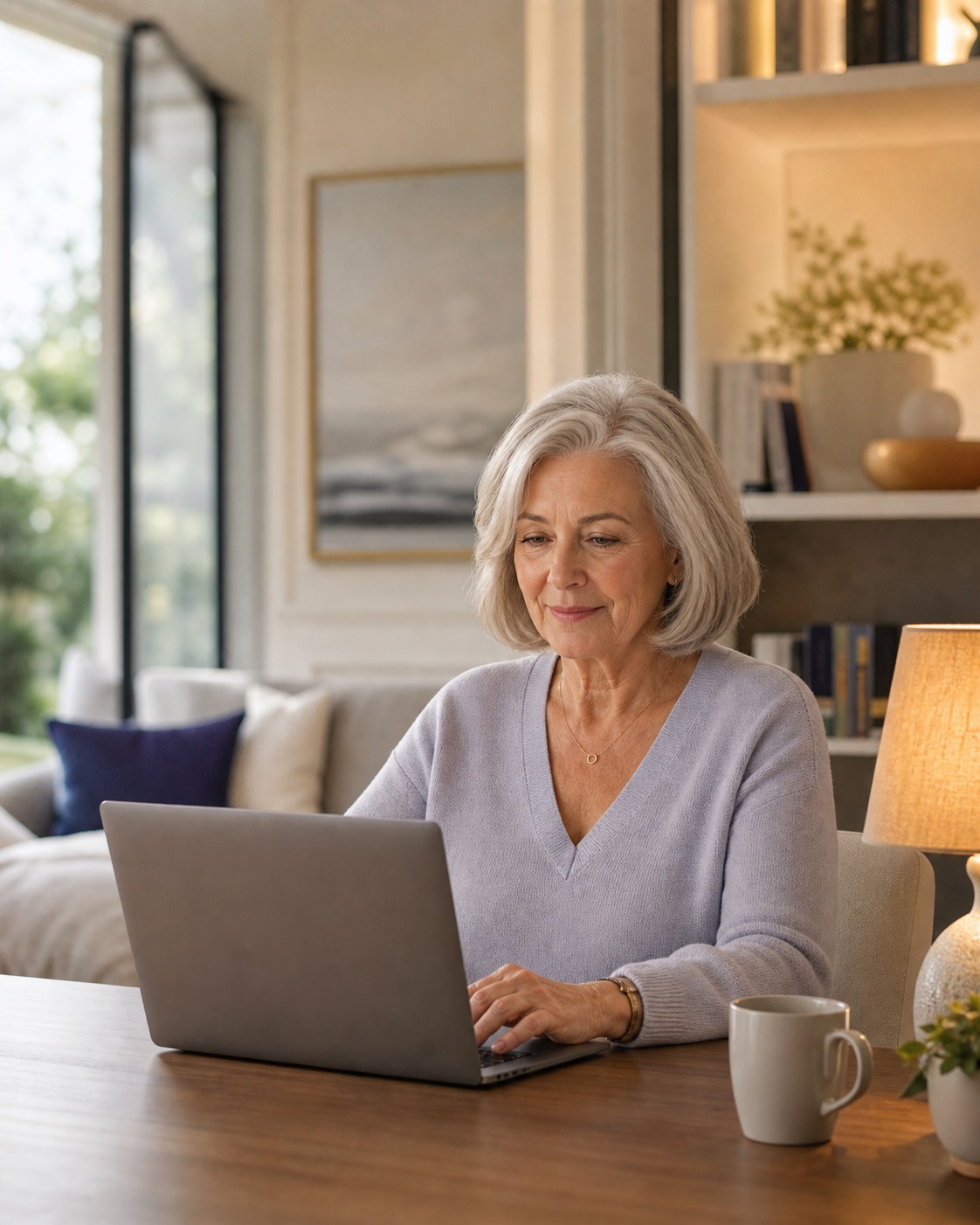 An older woman at her laptop at home, unhurried