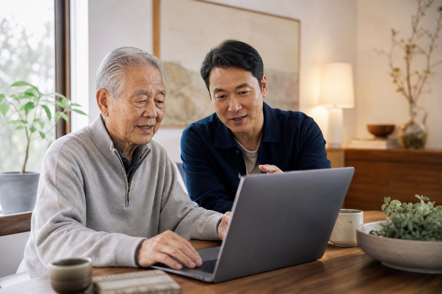 An adult son setting up the app on his father's laptop at the kitchen table